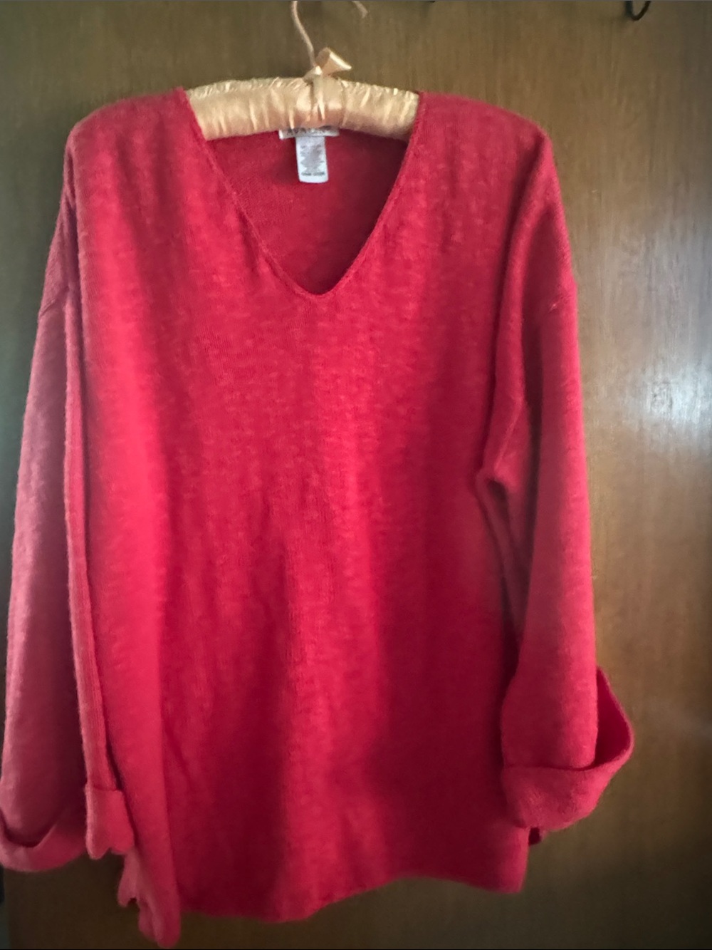 Women's Red 100% Cotton V-Neck Pullover Sweater